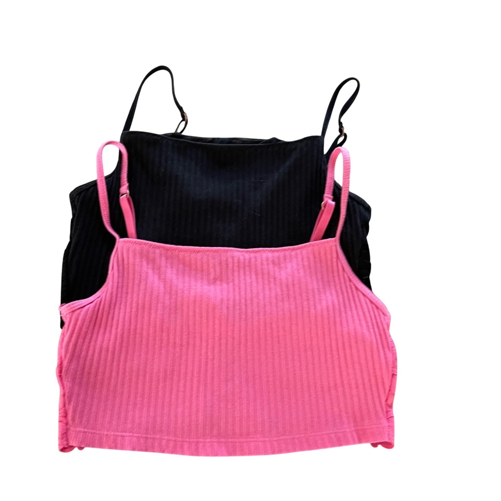 Aerie Ribbed Cami Crop Top Women XS Pink Black Coquette Lace Back 2 Pack Bundle